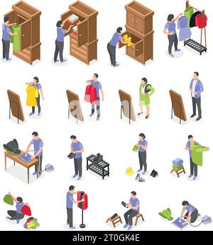 Spring wardrobe isometric icons set with people putting away winter clothes choosing new outfits in front of mirror isolated vector illustration Stock Vector