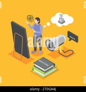 Rhetoric isometric composition with woman training public speaking in front of mirror on yellow background vector illustration Stock Vector