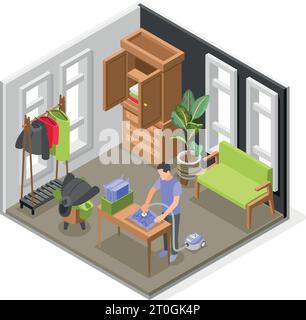 Man preparing spring wardrobe packing away winter clothes in vacuuming bags isometric composition vector illustration Stock Vector