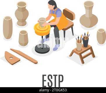 Estp mbti personality type isometric composition with female character doing pottery 3d vector illustration Stock Vector