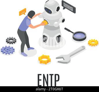 Isometric entp mbti type composition with creative female character fixing robot 3d vector illustration Stock Vector