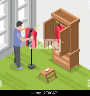 Man preparing spring wardrobe cleaning jacket with brush isometric background 3d vector illustration Stock Vector