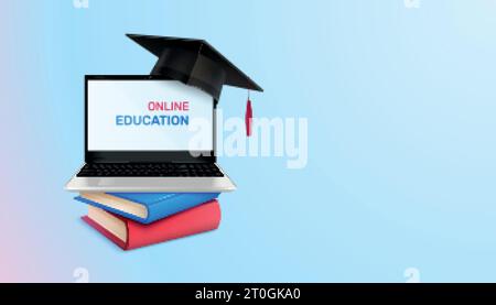 Graduation education realistic composition with gradient background and stack of books with laptop and academic hat vector illustration Stock Vector