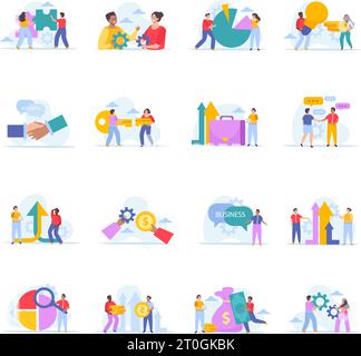 Business merger concept set with icons of puzzle pieces gears coins chat bubbles and human characters vector illustration Stock Vector