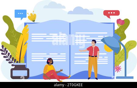 Writer flat composition with view of open book with lamp ink well thought bubbles and people vector illustration Stock Vector