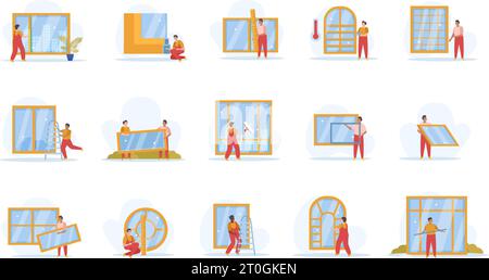 Plastic windows set with flat isolated icons of renovation workers installing new windows on blank background vector illustration Stock Vector