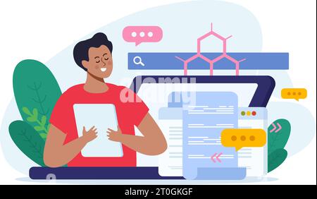 Scientific articles writing flat composition with thought bubble icons dna structure laptop screens and joyful man vector illustration Stock Vector