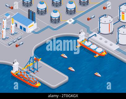 Isometric compressed gas composition with outdoor view of marine terminal with containers gas tanks and ships vector illustration Stock Vector