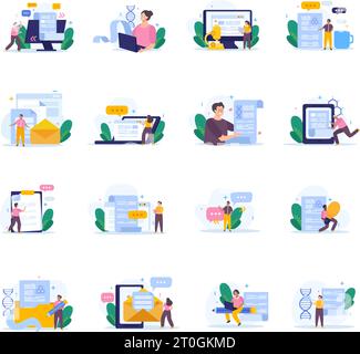 Set of isolated scientific articles writing flat icons with doodle characters thought bubbles papers and gadgets vector illustration Stock Vector