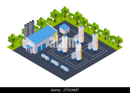 Isometric compressed gas composition with isolated view of outdoor area with vertical tanks and industrial building vector illustration Stock Vector
