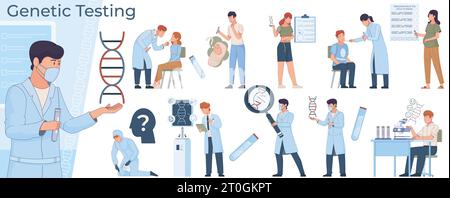 Genetic test people flat set of isolated compositions with characters of scientists dna icons and patients vector illustration Stock Vector