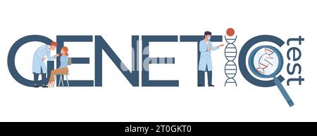 Genetic test people composition of flat text dna and magnifier icons with human characters of scientists vector illustration Stock Vector