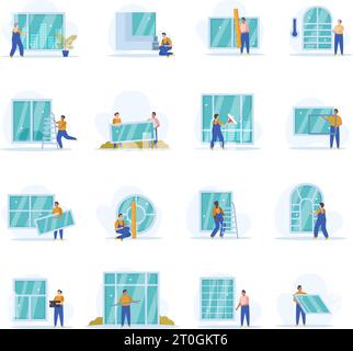 Window installation icons set. Flat set of window installation vector ...