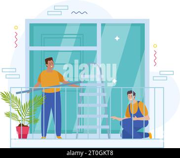 Plastic windows flat composition with isolated front view of balcony with workers in uniform installing window vector illustration Stock Vector