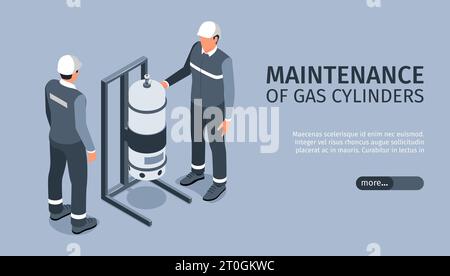 Isometric compressed gas horizontal banner with editable text slider more button and human characters of engineers vector illustration Stock Vector