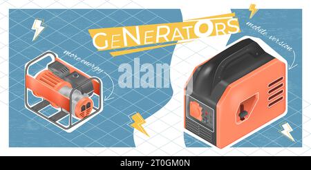 Electric generator realistic composition with collage of icons editable text captions arrows and power device images vector illustration Stock Vector