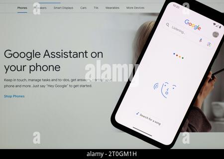 Google assistant. Voice chatbot on Pixel 4 mobile. Stock Photo