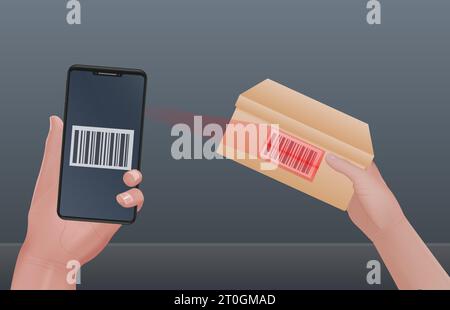 Scan codes composition with realistic human hands holding parcel box and scanning barcode with smartphone scanner vector illustration Stock Vector