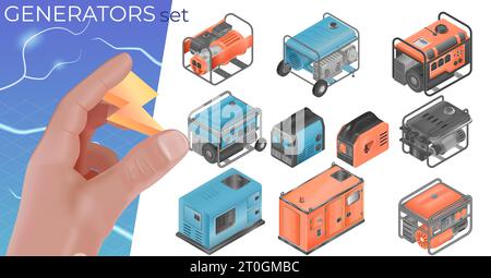Electric generator realistic composition with human hand holding lightning sign with bolts and isolated icons set vector illustration Stock Vector