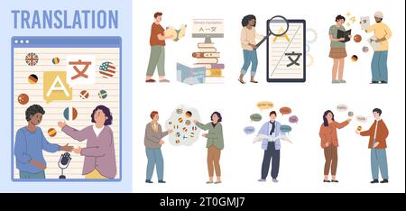 Translation service flat composition with country balls doodle people characters and isolated icons of communicating foreigners vector illustration Stock Vector
