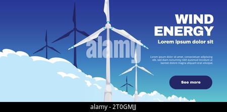 Ecology wind energy horizontal website banner with turbines on blue background realistic vector illustration Stock Vector
