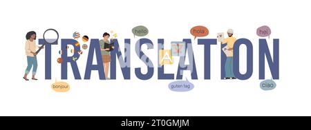 Translation service composition of flat text surrounded by doodle human characters with thought bubbles foreign languages vector illustration Stock Vector