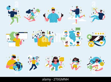 Cyberspace icons flat set with people wearing vr headsets isolated vector illustration Stock Vector