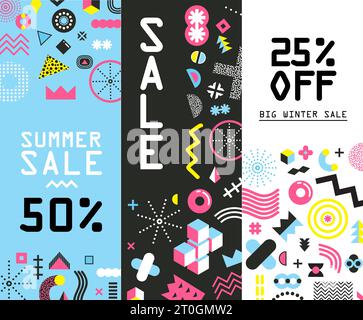 Memphis design decorative funny geometric  elements patterns sale advertisement 3 vertical black blue banners set isolated vector Stock Vector