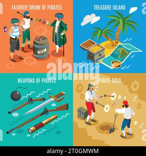 Pirates isometric design concept with favorite drink rum, treasure island, weapons, fight for gold isolated vector illustration Stock Vector