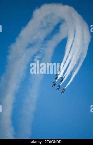 San Francisco, United States. 6th Oct 2023. Members of the Blue Angels perform aerial acrobatics as part of the Fleet Week Airshow in San Francisco, California. Justin Benttinen/Alamy Live News Stock Photo