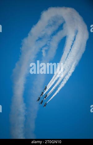San Francisco, United States. 6th Oct 2023. Members of the Blue Angels perform aerial acrobatics as part of the Fleet Week Airshow in San Francisco, California. Justin Benttinen/Alamy Live News Stock Photo