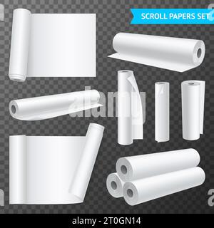 Realistic set of isolated clean white paper scrolls on transparent background vector illustration Stock Vector