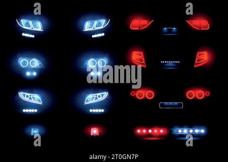 Automotive led lights realistic set with headlights bars front rear car views glowing in darkness vector illustration Stock Vector