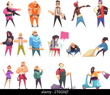 Criminal character set of isolated cartoon style human characters of thieves swindlers and gangsters   with weapons vector illustration Stock Vector