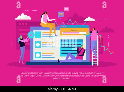 People and interfaces flat composition with laptop computer screen windows and pictograms with human characters and text vector illustration Stock Vector