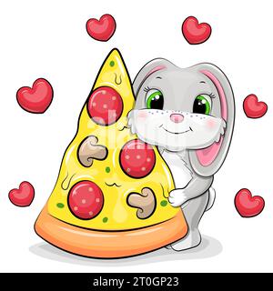 Cute cartoon gray rabbit with a big piece of pizza. Vector illustration of animal on a white background with red hearts. Stock Vector