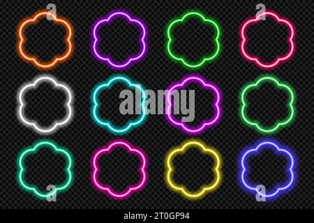 Neon round scallop border frames set. Glowing coloful flower button. Geometric shape action UI elements with copy space. Purple, blue, pink, yellow Stock Vector