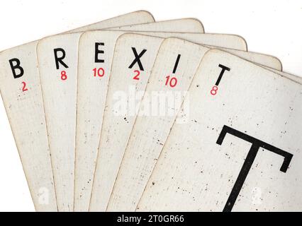 Vintage Lexicon playing cards spelling the word BREXIT on a white background. Stock Photo