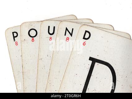 Vintage Lexicon playing cards spelling the word POUND on a white background. Stock Photo