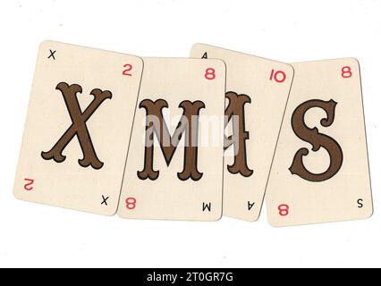 Vintage Lexicon playing cards spelling the word XMAS on a white background. Stock Photo