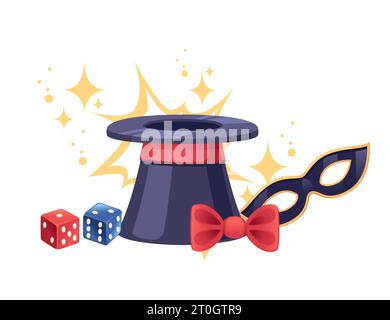 Dark magic hat with playing dice and mask vector illustration isolated on white background Stock Vector