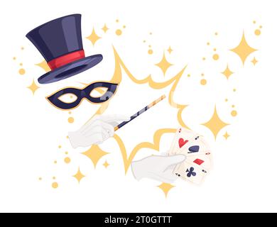 Dark magic hat with mask and hand hold magic wand vector illustration isolated on white background Stock Vector