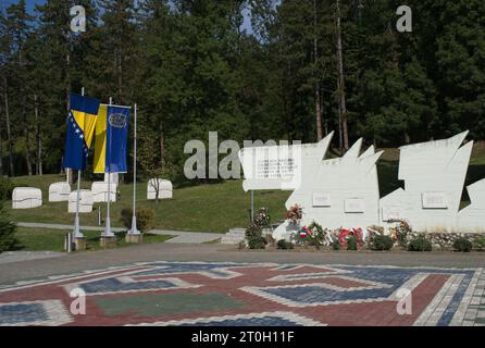 Tuzla, Bosnia and Herzegovina - Oct 4, 2023: This Slana Banja memorial complex remembers Tuzla residents killed or missing during the Bosnian War. Sun Stock Photo