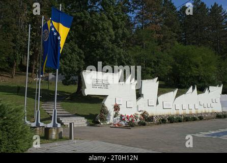 Tuzla, Bosnia and Herzegovina - Oct 4, 2023: This Slana Banja memorial complex remembers Tuzla residents killed or missing during the Bosnian War. Sun Stock Photo