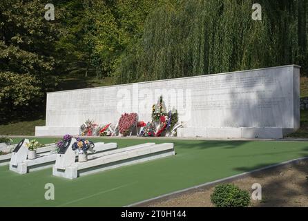 Tuzla, Bosnia and Herzegovina - Oct 4, 2023: This Slana Banja memorial complex remembers Tuzla residents killed or missing during the Bosnian War. Sun Stock Photo