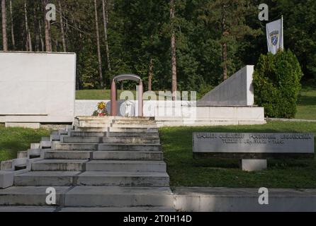 Tuzla, Bosnia and Herzegovina - Oct 4, 2023: This Slana Banja memorial complex remembers Tuzla residents killed or missing during the Bosnian War. Sun Stock Photo