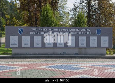 Tuzla, Bosnia and Herzegovina - Oct 4, 2023: This Slana Banja memorial complex remembers Tuzla residents killed or missing during the Bosnian War. Sun Stock Photo