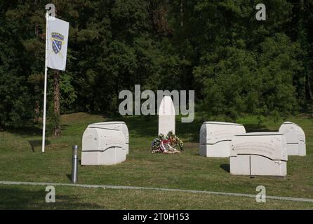 Tuzla, Bosnia and Herzegovina - Oct 4, 2023: This Slana Banja memorial complex remembers Tuzla residents killed or missing during the Bosnian War. Sun Stock Photo