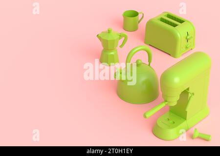 Kettle, toaster, coffee machine horn and geyser coffee maker on monochrome background. 3d render kitchen appliances making breakfast with latte coffee Stock Photo