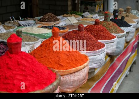 Spices sales stall at the Jayma Bazaar in Osh, Kyrgyzstan. Stock Photo